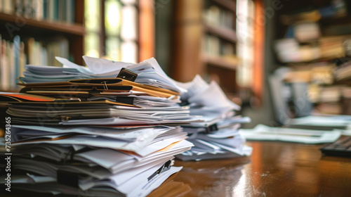 Piles of paperwork on a desk reflecting workload © Premreuthai