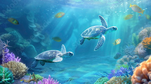 Sea turtles swimming through an underwater paradise