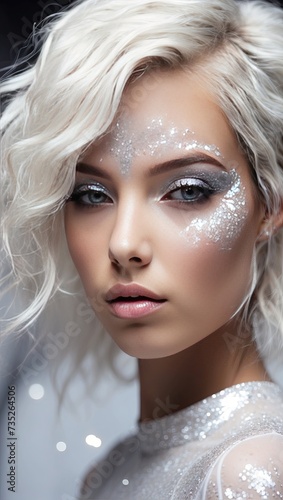 closeup beautiful woman with creative makeup with glitter, festive makeup for a party, new year, disco, holiday.