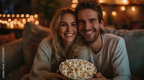 Relaxed young couple eating popcorn from a bowl on the couch