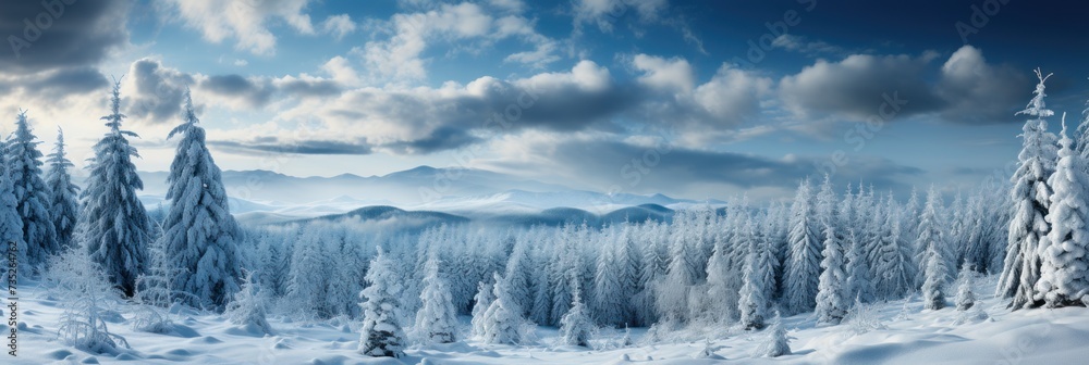 A winter scene with snow-covered landscape and a group of trees.