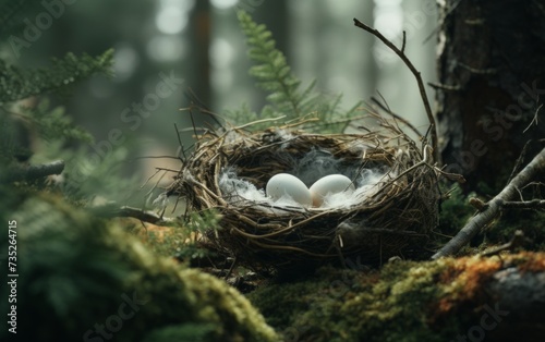 white bird egg nest on a log © yganko