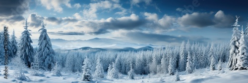 A winter scene with snow-covered landscape and a group of trees.