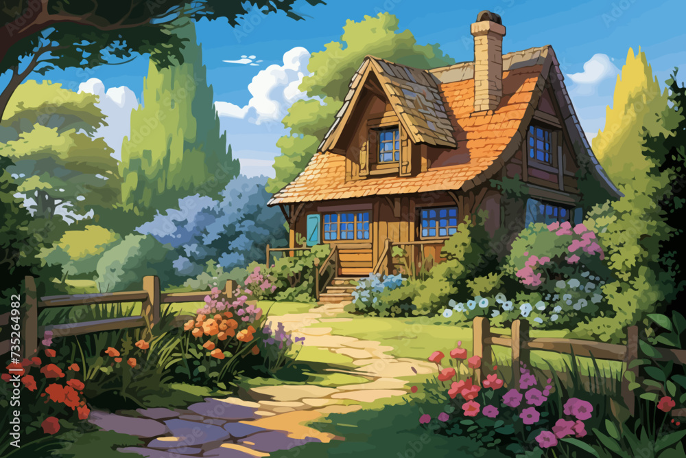 a painting of a house in the woods