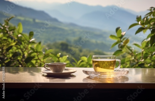 tea on a table with mountain in background