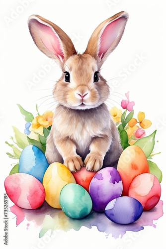 Watercolour cute Easter bunny with multicolored eggs and spring flowers is an illustration of a children character on a white background  a traditional holiday card.