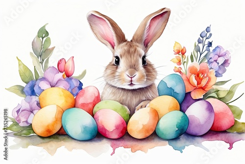 Watercolour cute Easter bunny with multicolored eggs and spring flowers is an illustration of a children character on a white background, a traditional holiday card.