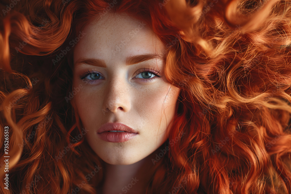 woman with curly red hair standing in front of a wall woman with curly red hair standing in front of a wall