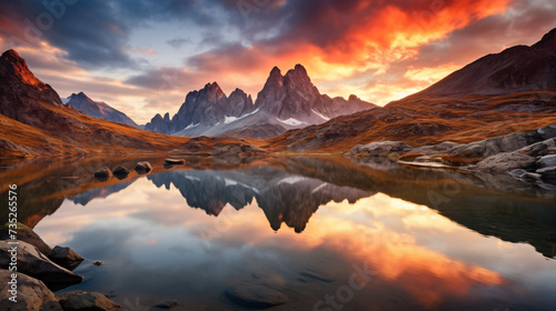  mountains reflected in lake at sunset in autumn.