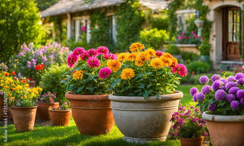 An array of terracotta flowerpots cradling an assortment of colorful flowers, captured with a shallow depth of field photo