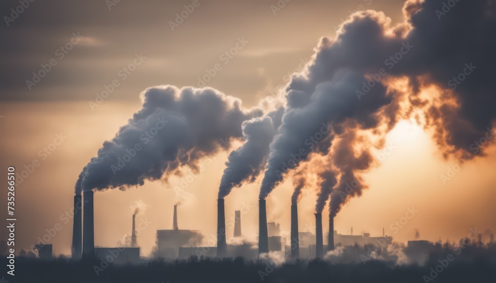 Industrial dawn - smokestacks emission at sunrise