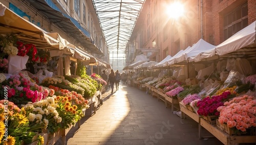Flower market on the sunny street of the city - live cut bouquets are sold on outdoor stalls.