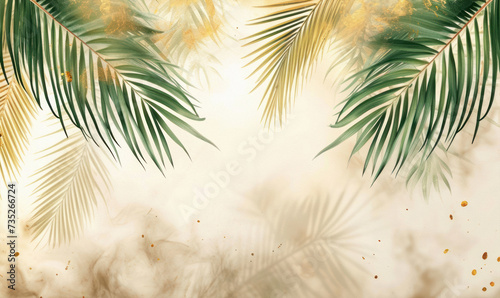 watercolor luxury rich light colors gold 3d big palm leaves hanging down wallpaper