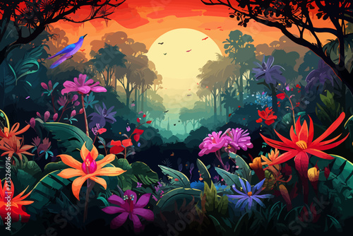 a painting of a sunset in a tropical forest