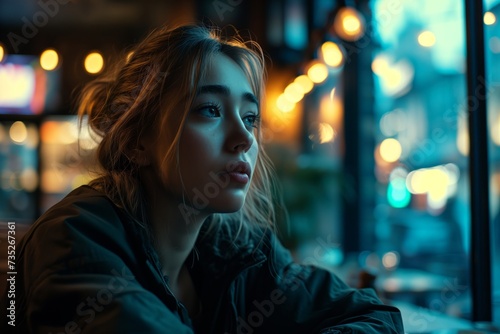 Portrait of a beautiful young woman sitting in a cafe at night
