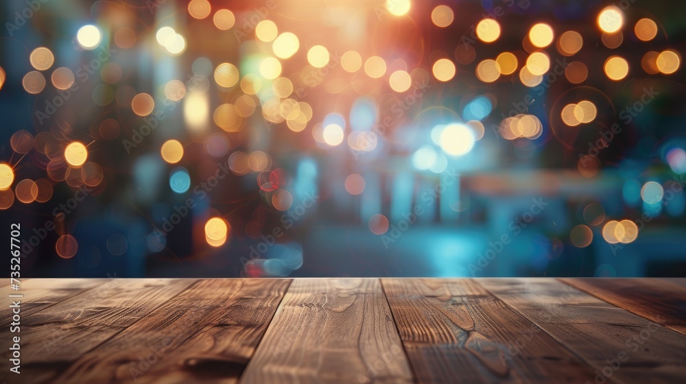 Wood table on a blur bokeh cafe background in the night, creating an elegant atmosphere for product display Wood table on a blur bokeh cafe background in the night, creating an elegant atmosphere for product display