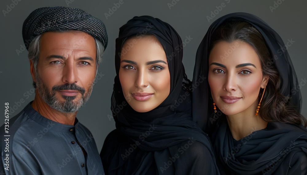 Arab man and woman in traditional attire pose for group portrait in Dubai studio, UAE.,generative ai Arab man and woman in traditional attire pose for group portrait in Dubai studio, UAE.,generative ai