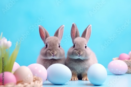 Easter bunnies on blue background with colored eggs easter