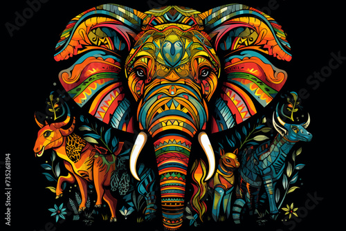 an elephant with many different colors on it s face