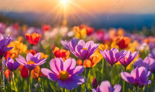 Sunny spring field  Vibrant flowers under the sun