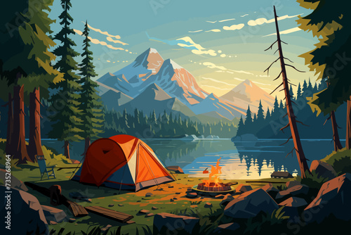 a camp site with a tent and a campfire in the foreground #735268964