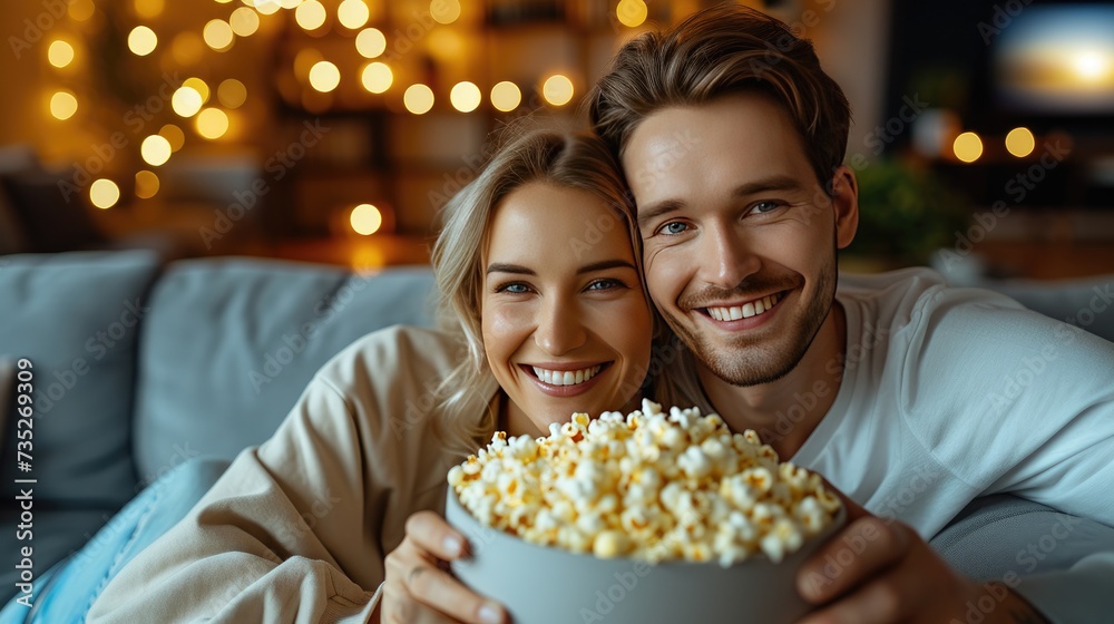 Relaxed young couple on the sofa in the living room eating popcorn Relaxed young couple on the sofa in the living room eating popcorn