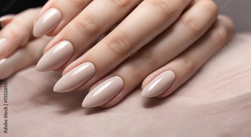 Closeup to woman hands with elegant neutral colors manicure Closeup to woman hands with elegant neutral colors manicure