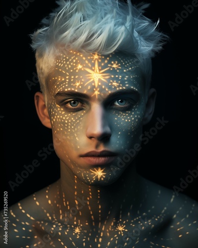 Young man with white hair and glowing tattoos on his body. Black and gold painted luminous galaxies and stars. Star seed. Indigo children. photo