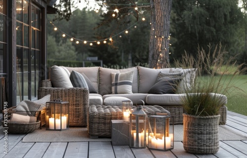 outdoor furniture with lights and wicker furniture © yganko