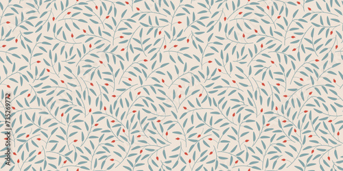 Vector seamless vintage floral pattern with rose hip. Spring botanical print. Abstract branches with leaves, and berries. Light beige background. Scandy pattern for textile and fashion design.