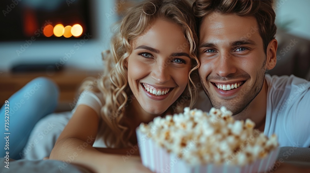 Relaxed young couple on the sofa in the living room eating popcorn