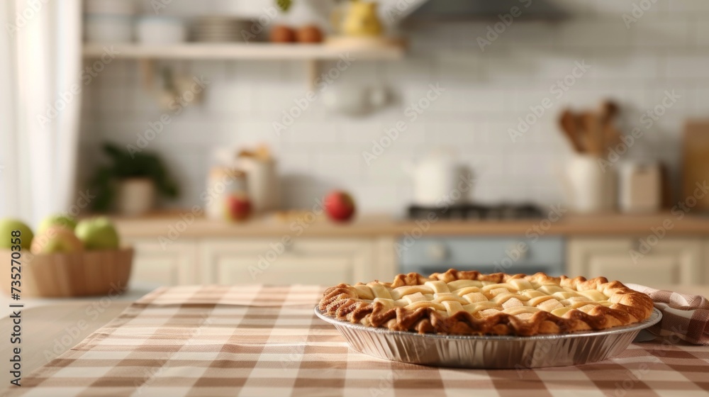 Delicious apple pie stands on a checkered tablecloth against a blurred light kitchen background