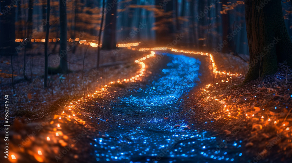 A glimmering path through a night forest, lit by a magical creature's 