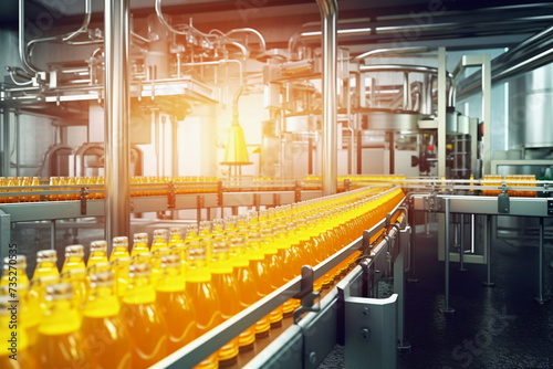 Industrial line for bottling fruit juice or lemonade into plastic bottles. Conveyor in food production.