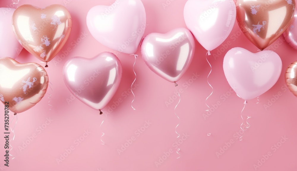 lots of fancy balloons and heart floating over pink background