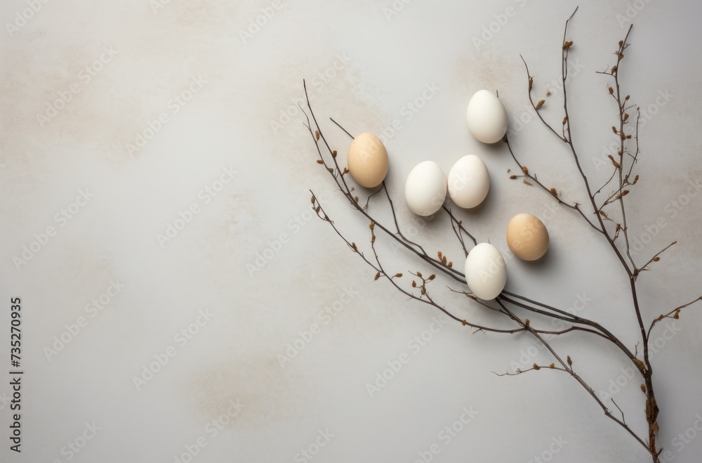 four eggs, a branch and twigs on a cream