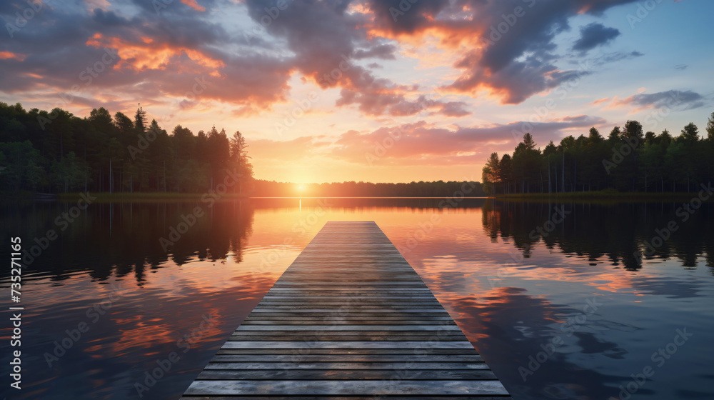 Perspective view of a wooden pier on the pond
