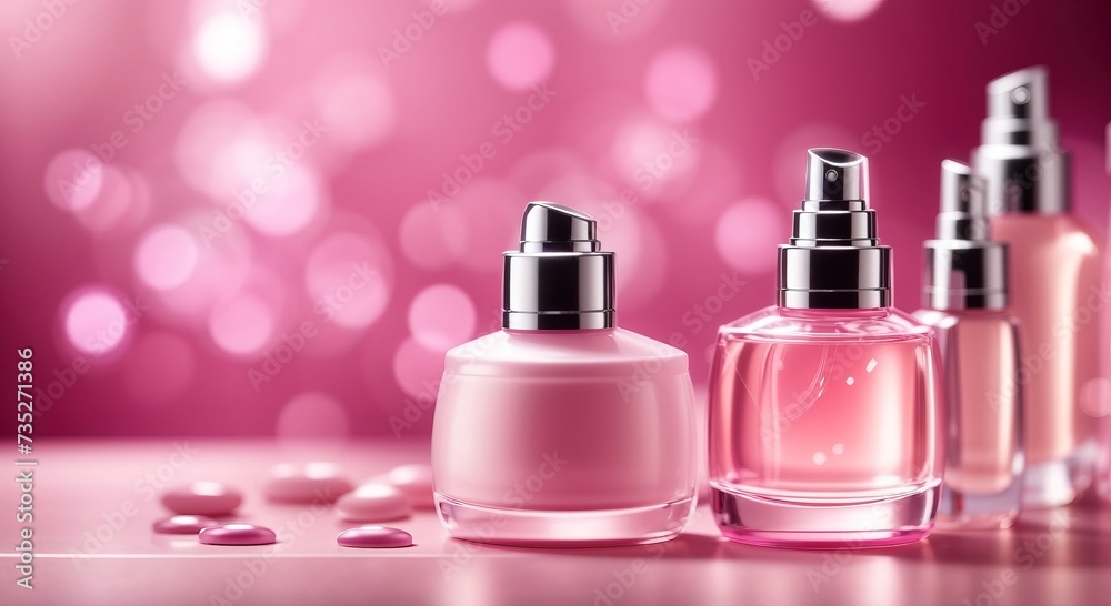 Cosmetic skincare bottle set with a pink background