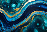 Fluid and dreamy marble texture. Full-framed deep blue and turquoise background with wavy patterns and golden spangles. Abstract backdrop with swirls.
