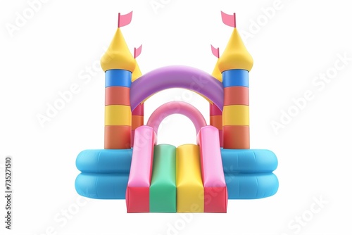 Big colorful bouncy castle, colorful inflatable bouncy castle toy isolated on white background, concept of children's playground, outdoor toy.
