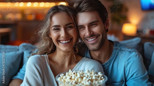 Couple in the living room on the sofa watching TV eating popcorn
