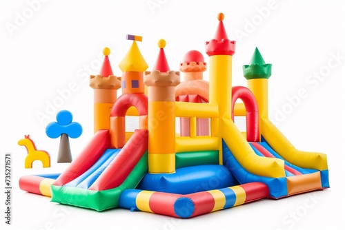 Big colorful bouncy castle, colorful inflatable bouncy castle toy isolated on white background, concept of children's playground, outdoor toy.