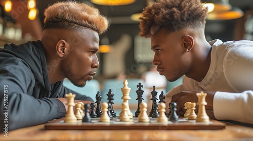 Two young men playing chess outdoors
