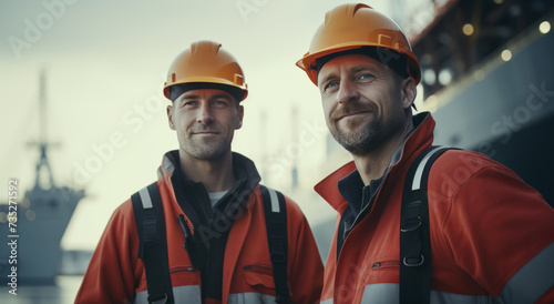 men in hard hats standing by a ship
