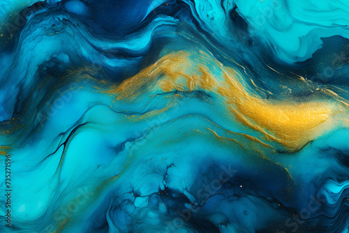 Fluid and dreamy marble texture. Full-framed blue and turquoise background with wavy patterns and golden spangles. Resia art backdrop with swirls. 