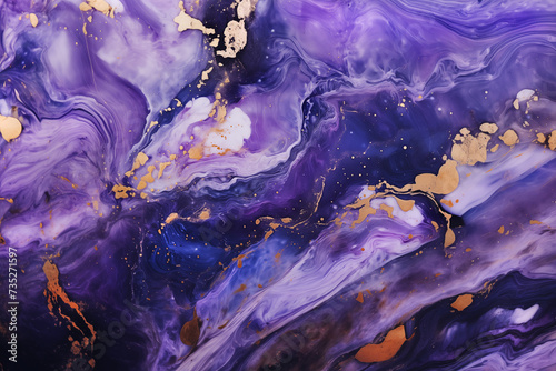 Liquid and fluid texture of marble. Full framed purple wavy background with golden spangles and stains. Abstract backdrop with swirls