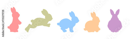 Spring rabbits Easter bunny silhouettes. Cute Easter bunnies shapes colorful vector illustration. Simple icons of a rabbit hopping, sitting, jumping, rearing on hind legs. Soft spring color palette.