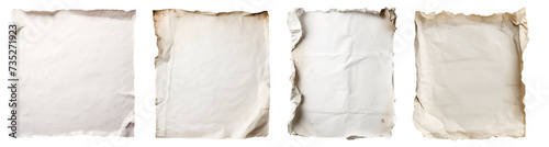 Collection set of white paper parchment, old torn burnt crumple rip edges on transparent background cutout, PNG file. Many different design. Mockup template artwork graphic