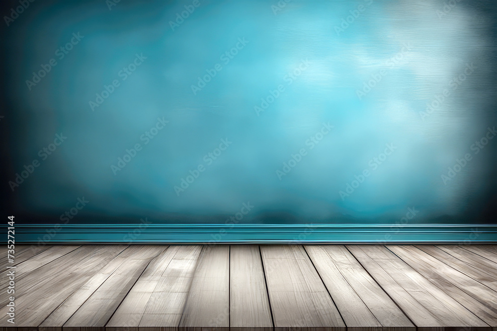 Blue wall background with copy space, mock up empty room with gray wooden floor.Generative AI