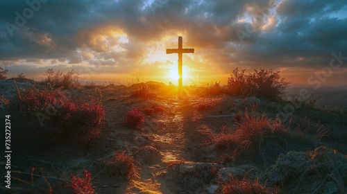 Crucifixion of Jesus Christ concept, Cross up on a hill at sunset, 